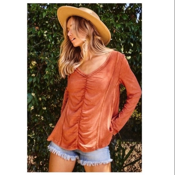 ✌🏼 #1381 Fun Rusty Ruched Stone Washed V Neck Long Sleeve Top - Picture 6 of 17